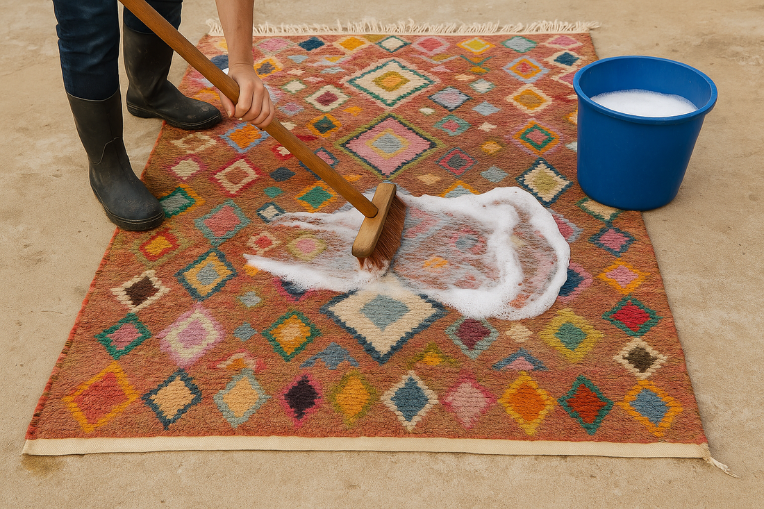 Person cleaning a colorful Moroccan rug outdoors using a brush and soapy water, with a blue bucket placed beside the rug on a concrete surface.