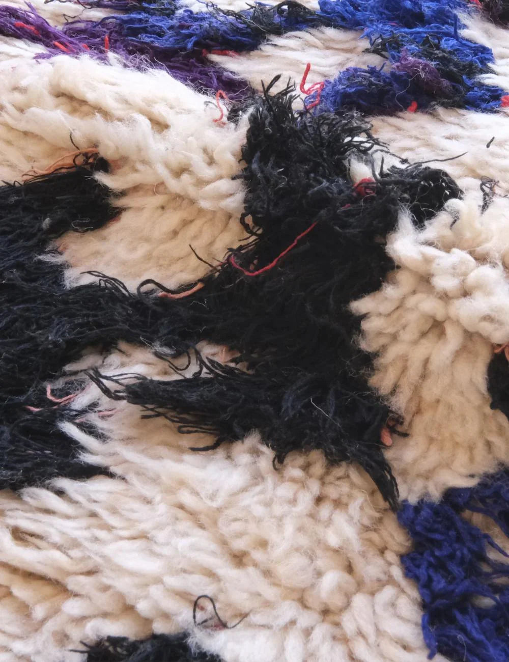 Close-up of a textured fabric with black, blue, and white colors.