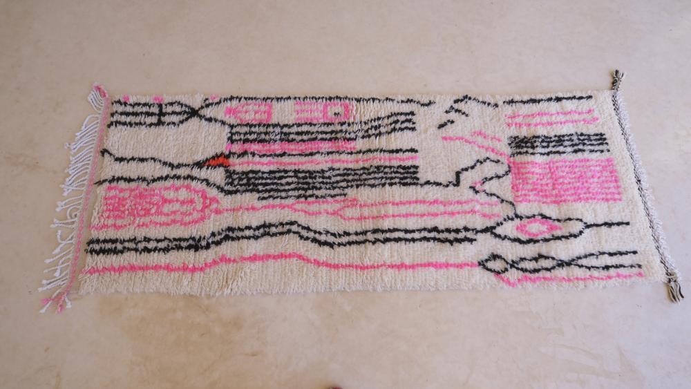Moroccan Azilal Pink and Black Runner 7 x 2.49 ft / 214 x 76 cm - Surcoma