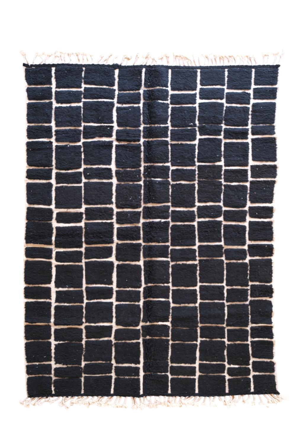 Moroccan Black Checkered Wool Rug 9.5 x 6.5 ft / 289 x 200 cm - Surcoma