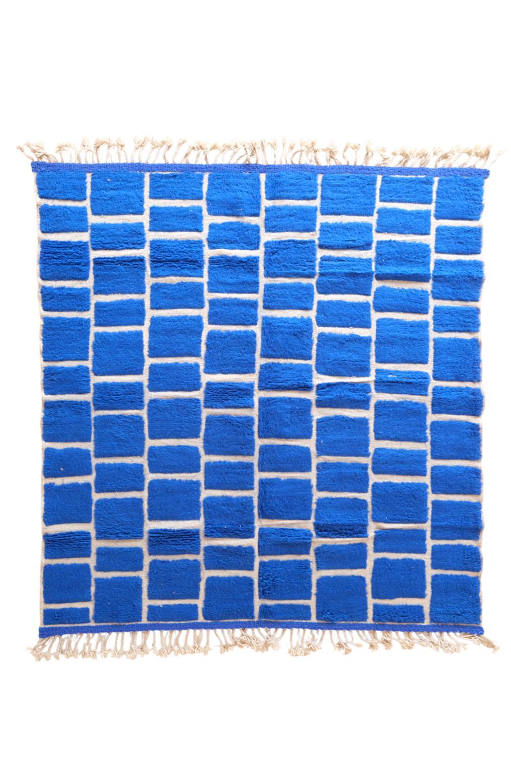 2020s Moroccan Blue Checkered Wool Rug 8.1 x 7.2 ft / 248 x 220 cm - Surcoma