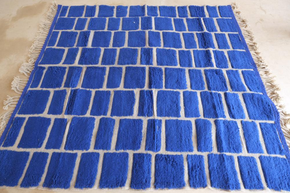 2020s Moroccan Blue Checkered Wool Rug 8.1 x 7.2 ft / 248 x 220 cm - Surcoma