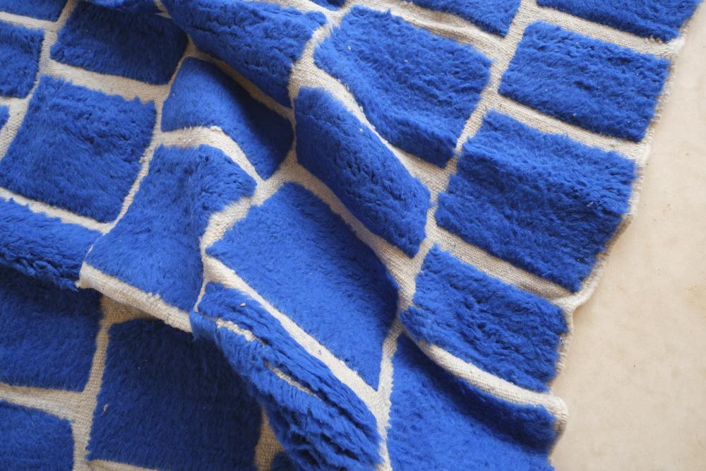 2020s Moroccan Blue Checkered Wool Rug 8.1 x 7.2 ft / 248 x 220 cm - Surcoma