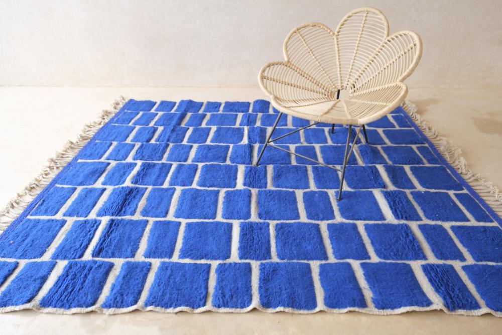 2020s Moroccan Blue Checkered Wool Rug 8.1 x 7.2 ft / 248 x 220 cm - Surcoma