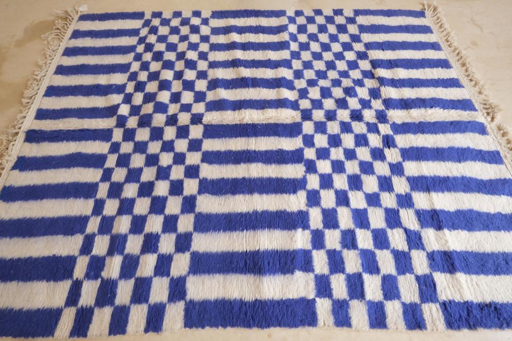 Moroccan Blue Geometric Wool Rug 9.3 x 7.2 ft / 283 x 220 cm - Surcoma
