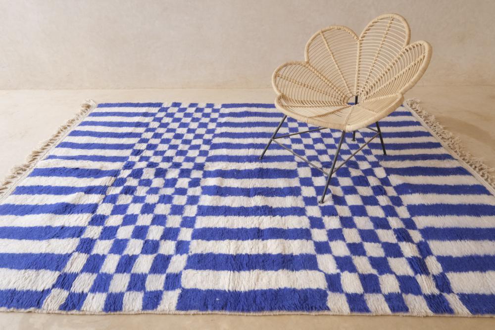Moroccan Blue Geometric Wool Rug 9.3 x 7.2 ft / 283 x 220 cm - Surcoma