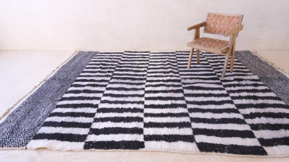 Moroccan Black and White Wool Rug 11.1 x 8.2 ft / 337 x 252 cm - Surcoma