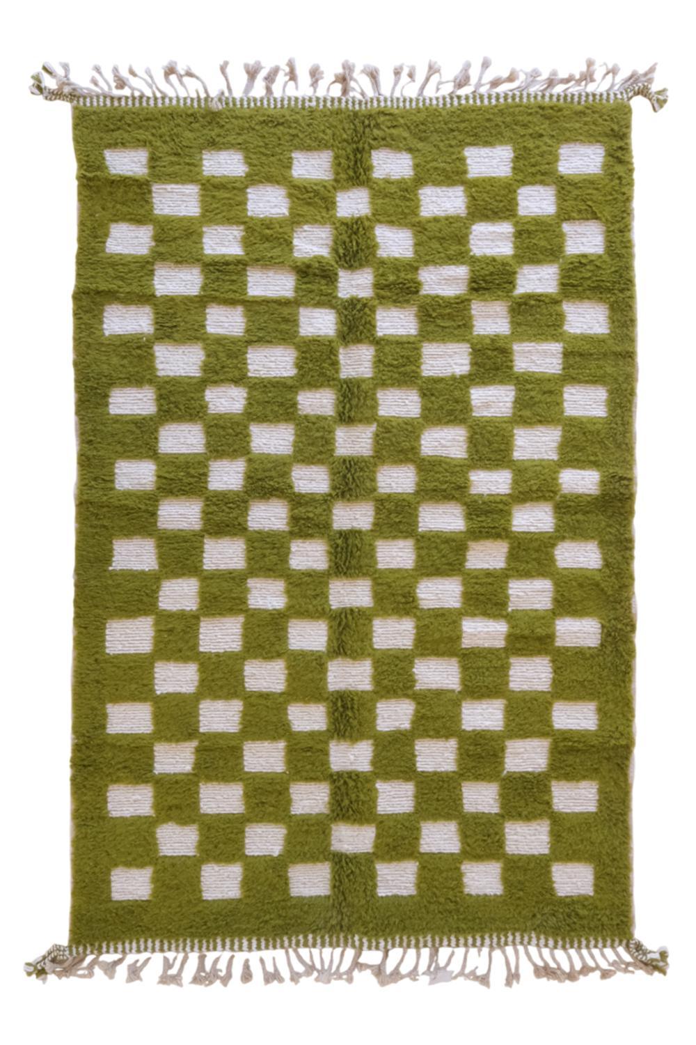 Moroccan Green Checkered Wool Rug 9.4 x 6 ft / 288 x 184 cm - Surcoma