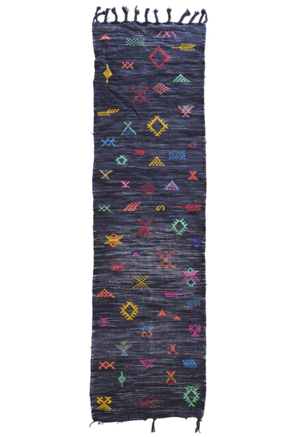 Moroccan Modern Black kilim runner rug 8.7 x 2.4 ft / 266 x 76 cm - Surcoma