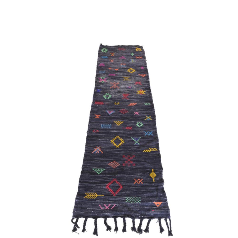 Moroccan Modern Black kilim runner rug 8.7 x 2.4 ft / 266 x 76 cm - Surcoma