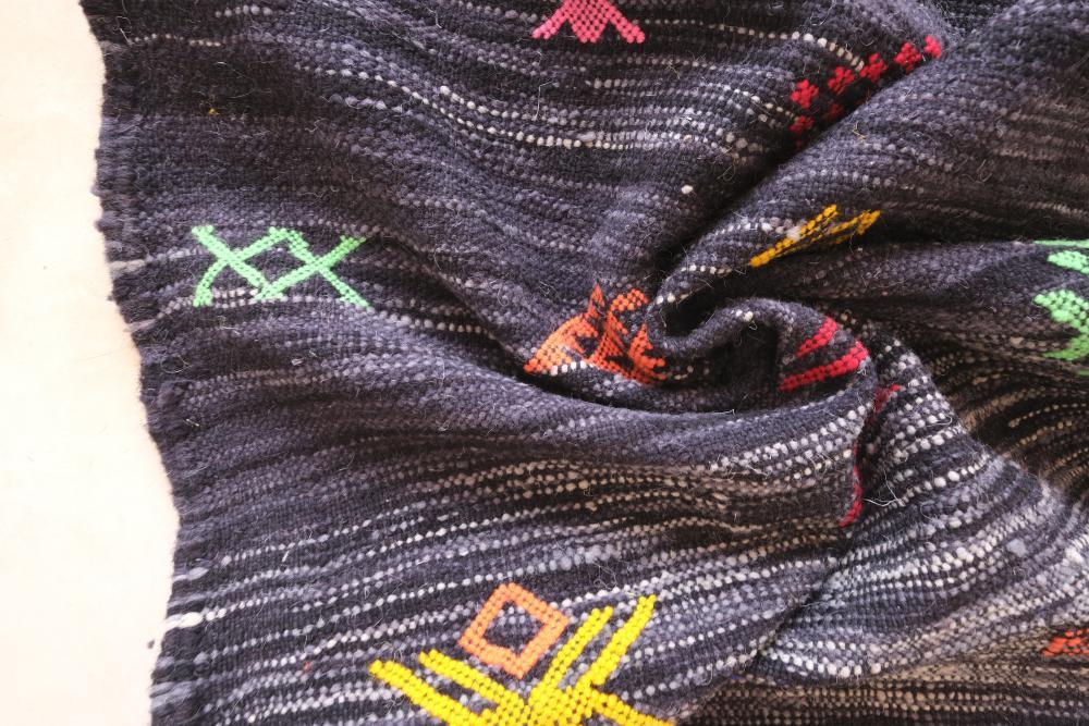 Moroccan Modern Black kilim runner rug 8.7 x 2.4 ft / 266 x 76 cm - Surcoma