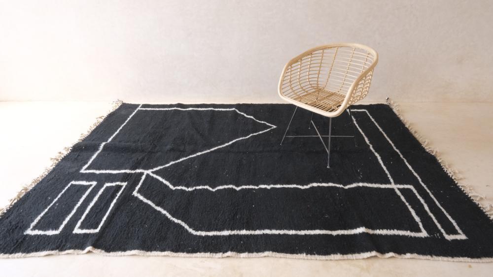 Moroccan Modern Black Wool Rug 9.7 x 6.5 ft / 297 x 200 cm - Surcoma