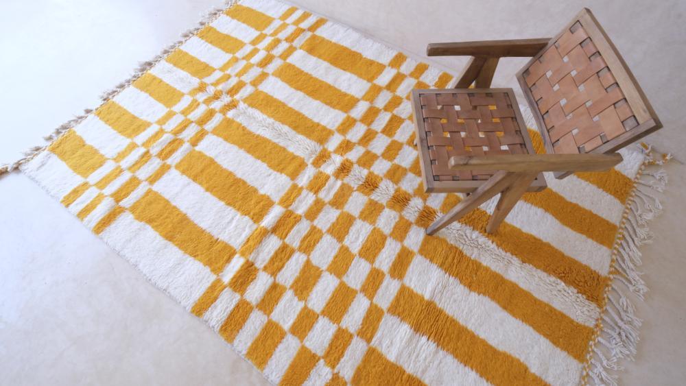 Moroccan Yellow Striped Rug 9.6 x 6.6 ft / 293 x 203 cm - Surcoma