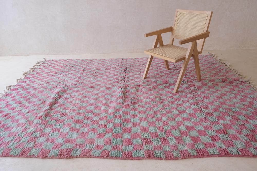 Moroccan Pink and Green Checkered Rug 10.2 x 7.8 ft / 310 x 238 cm - Surcoma