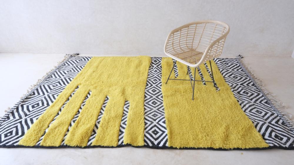 2020s Moroccan Yellow Modern Wool Rug 9.7 x 6.4 ft / 296 x 196 cm - Surcoma