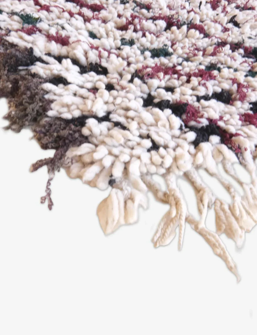 Close-up of a textured rug with multicolor pattern on a white background