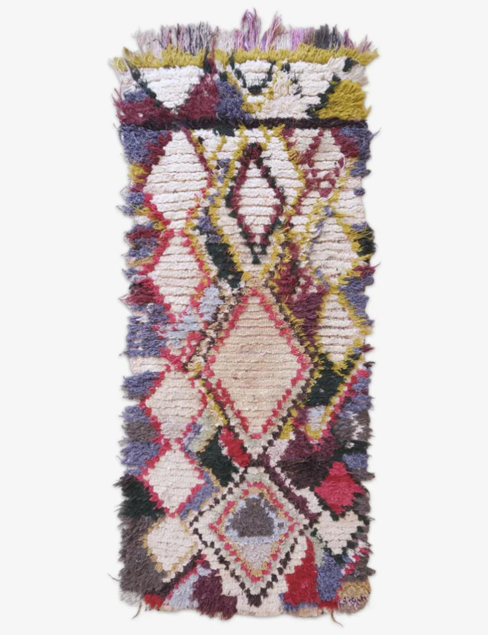 Multicolored woven rug with geometric pattern on a white background