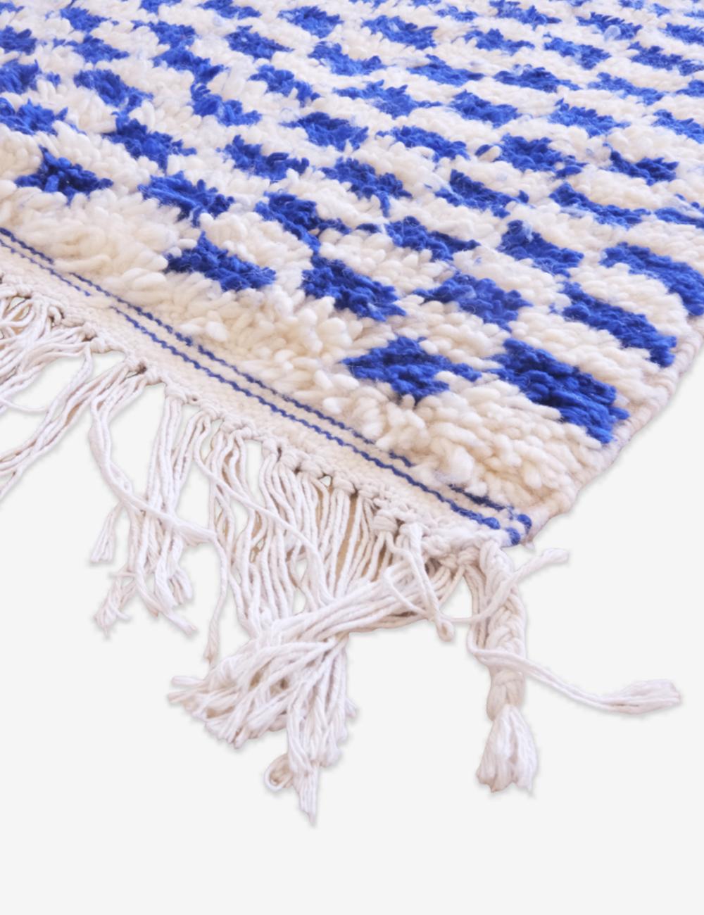 Blue Checkered Moroccan Wool Rug 10.7 x 5.1 ft / 327 x 158 cm