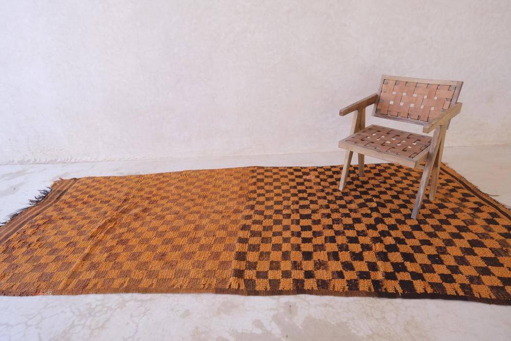 Orange Checkered Moroccan Rug 11.3 x 4.2 ft / 344 x 128 cm - Surcoma