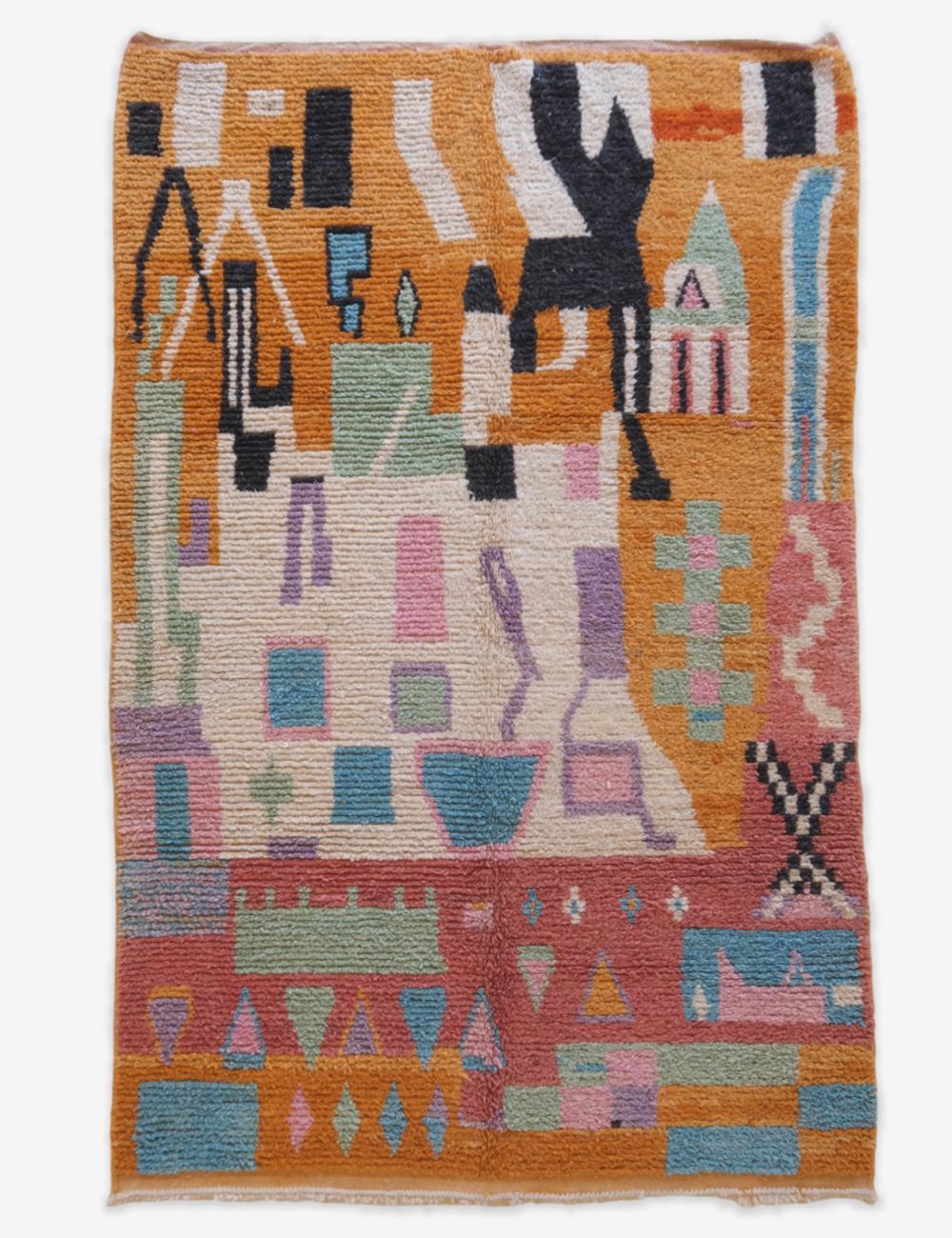Colorful abstract rug with geometric patterns on a white background