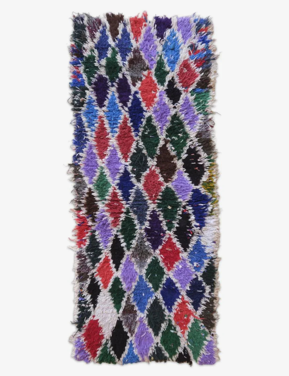 Multicolored diamond patterned rug on a white background