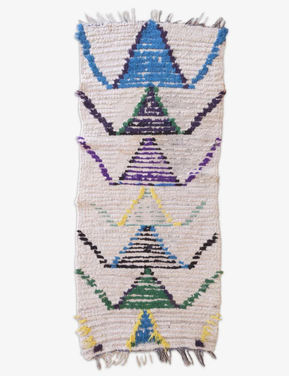 Woven textile with colorful geometric patterns on a white background