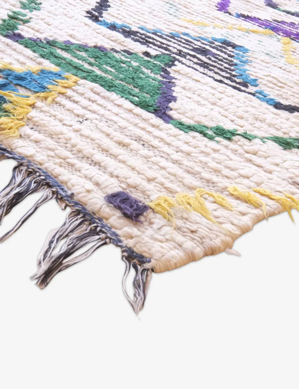 Close-up of a textured rug with colorful patterns on a white background