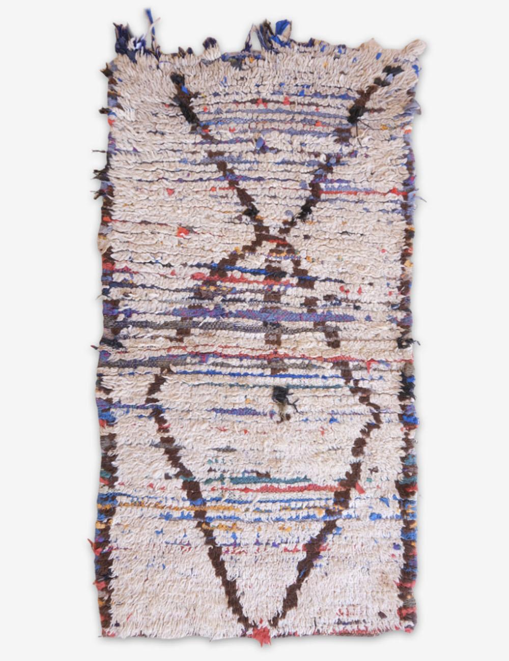 Multicolored woven rug with abstract pattern on a white background