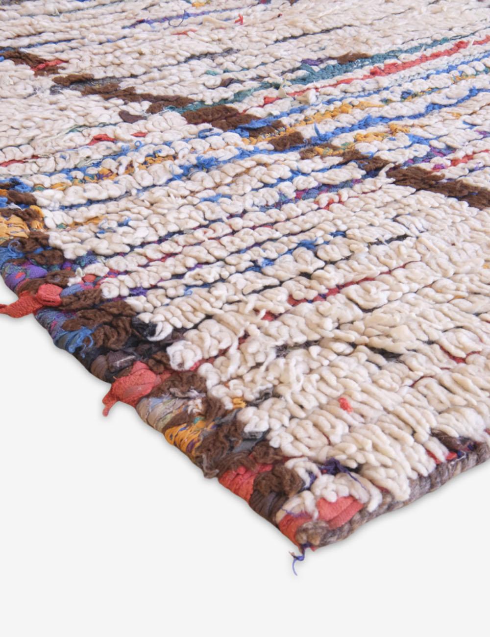Multicolored textured rug with a close-up view of the pattern.