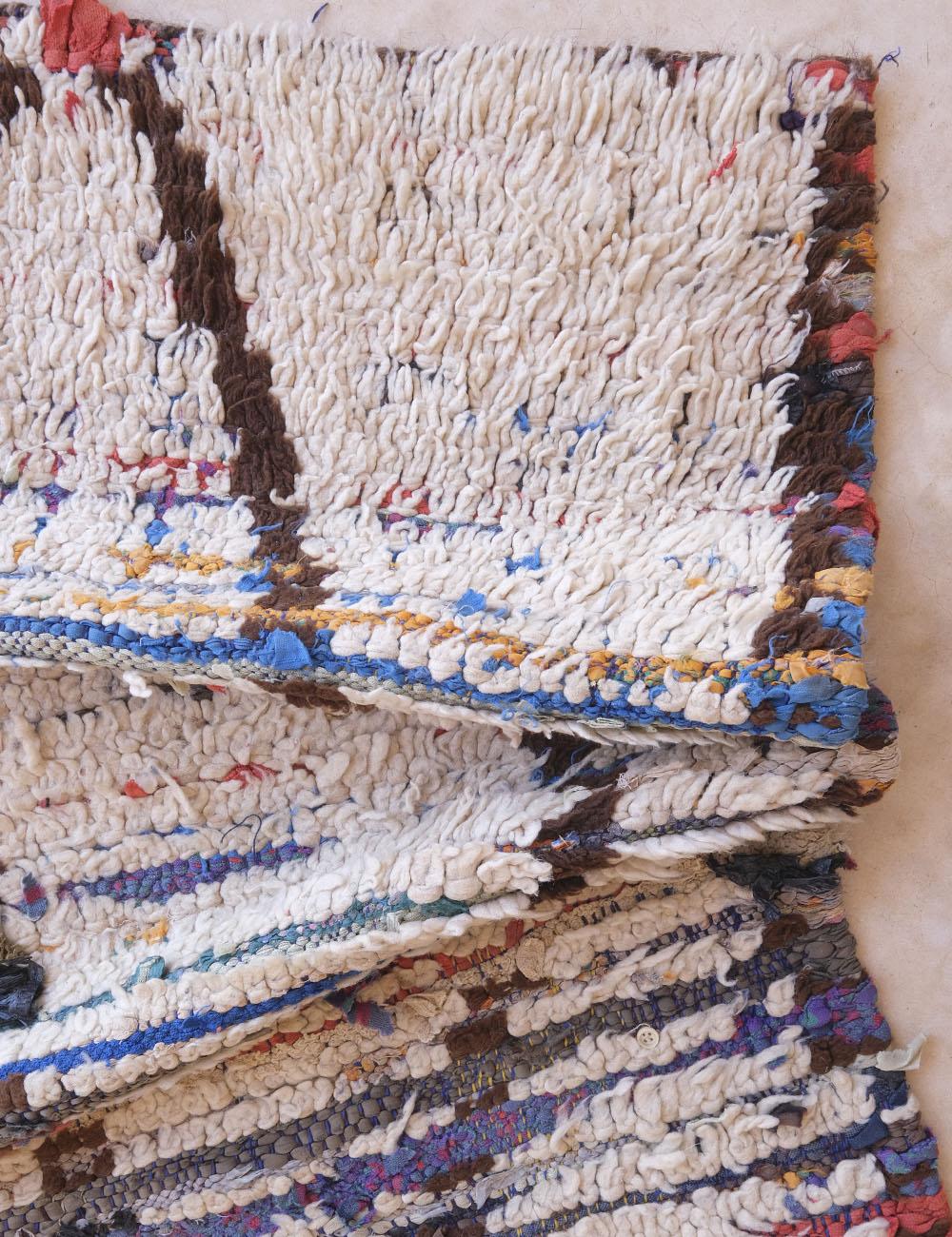 Close-up of a textured rug with multicolor pattern on a light background