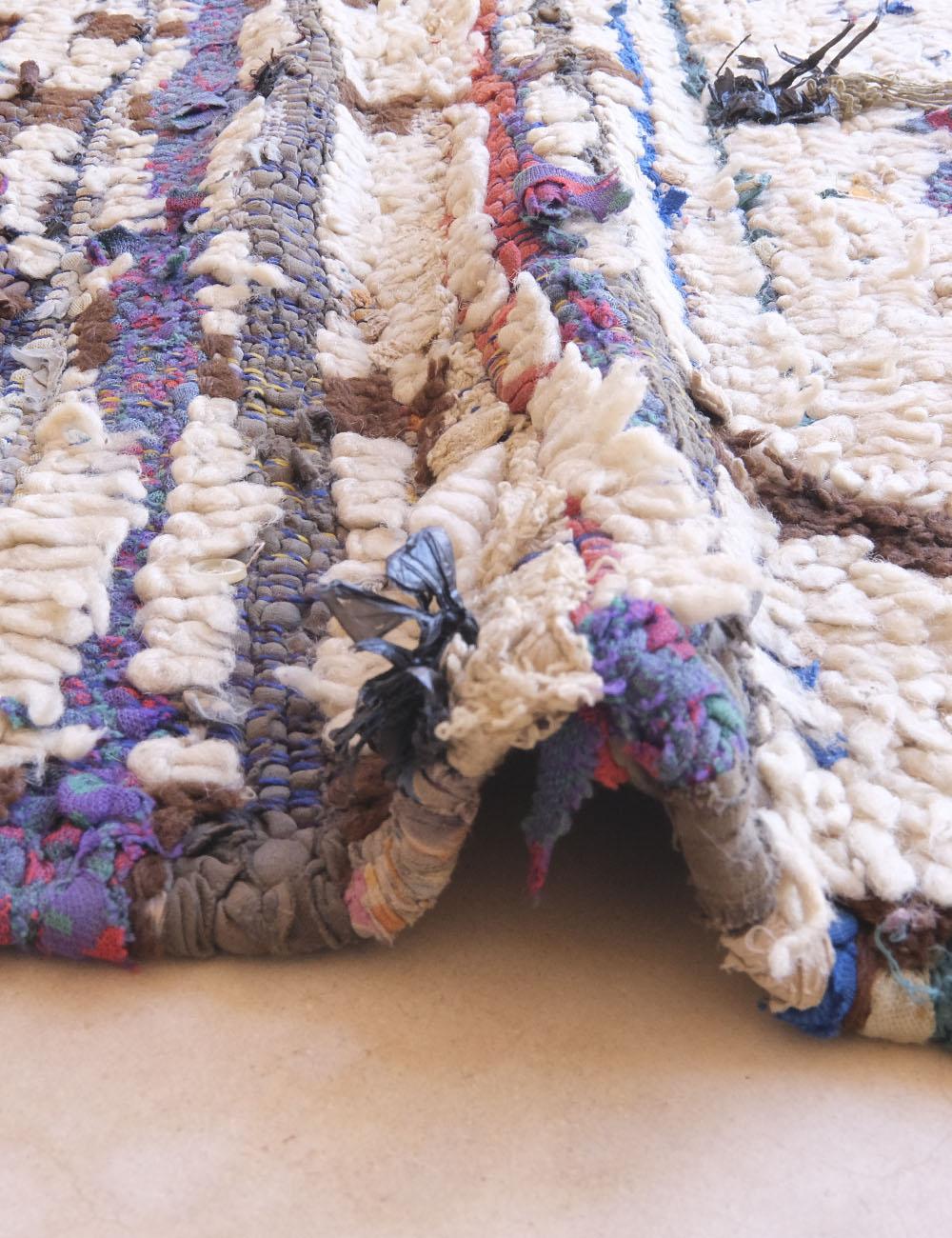 Close-up of a textured rug with multicolored patterns on a light background