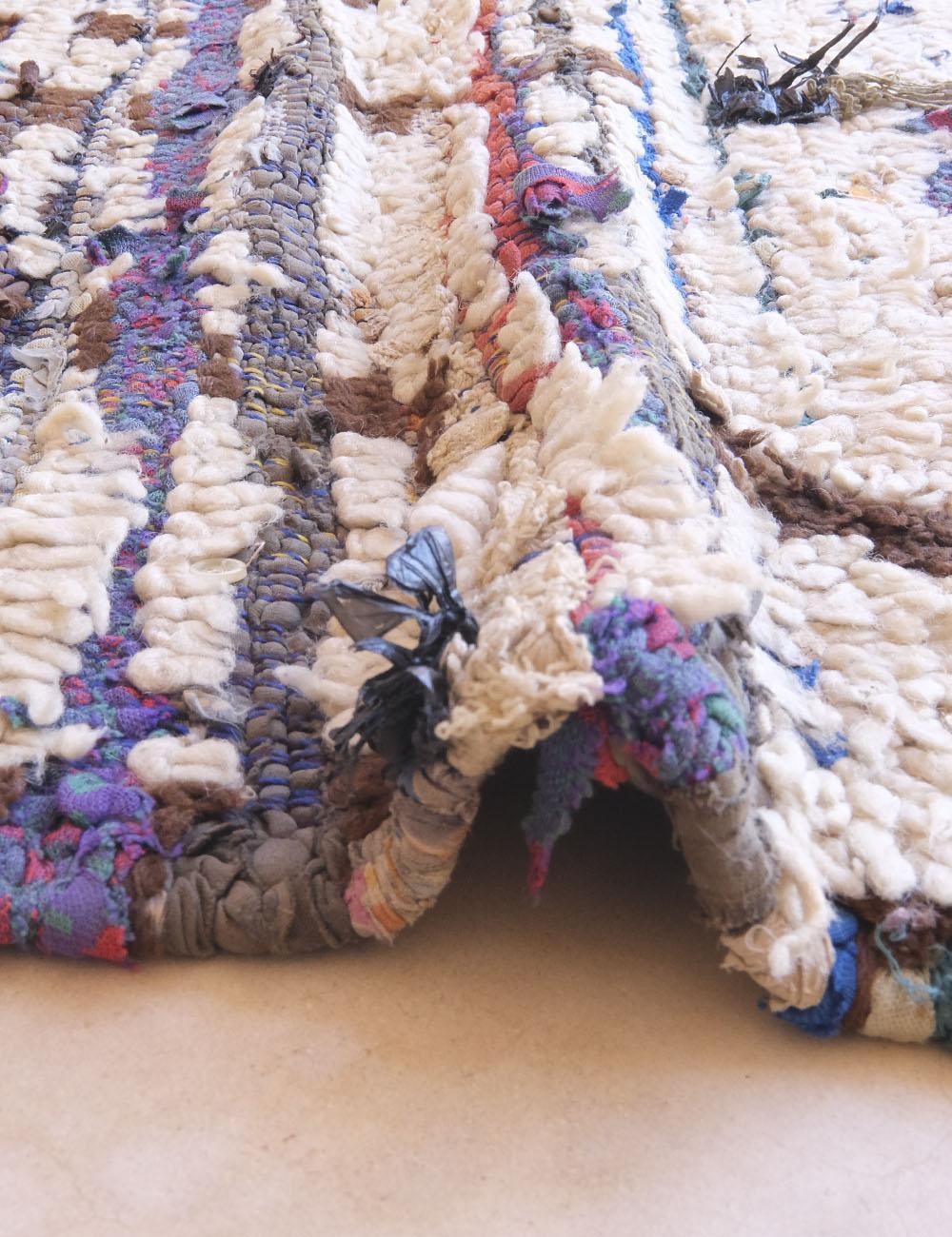 Close-up of a textured rug with multicolored patterns on a light background