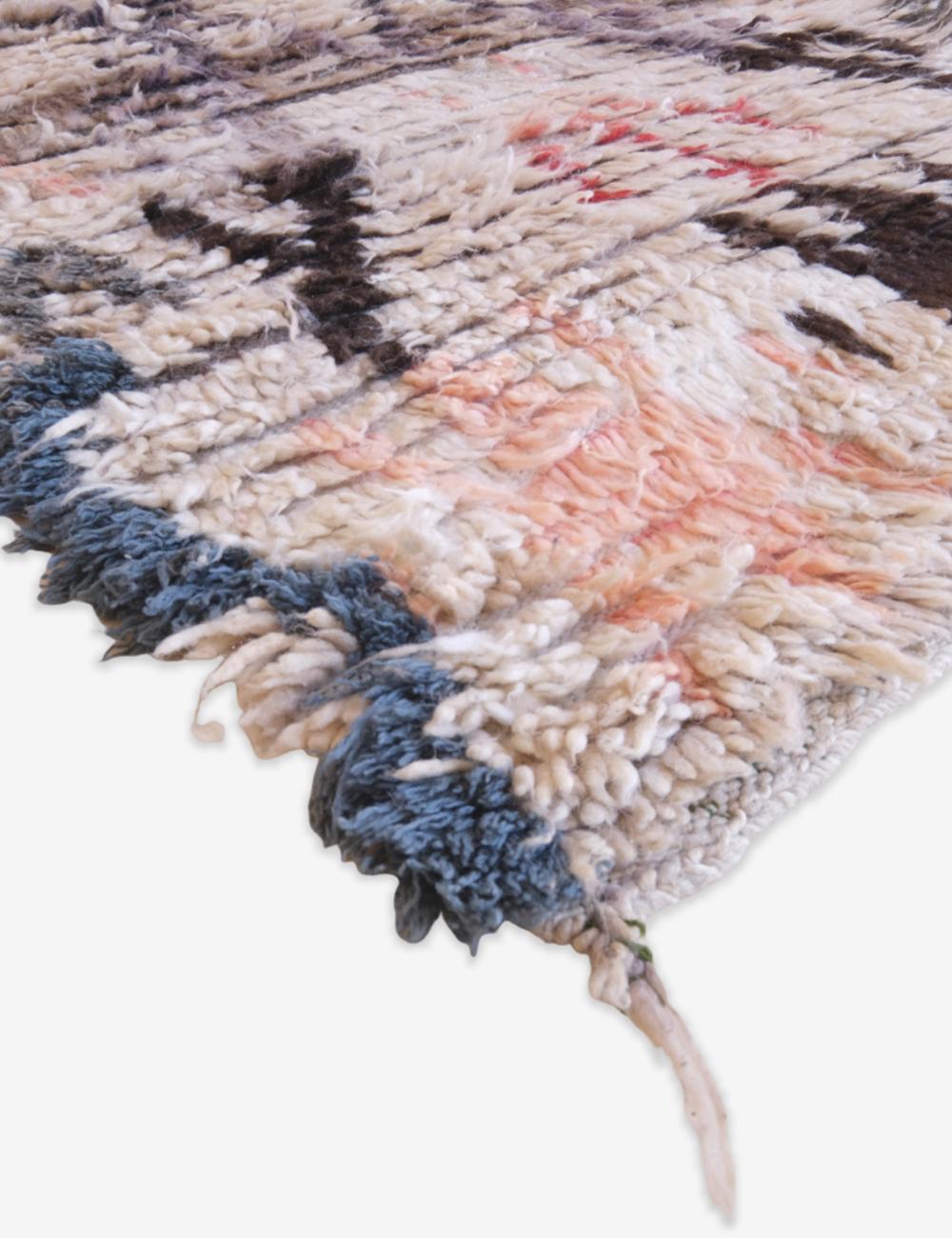 Close-up of a textured rug with multicolor pattern on a white background