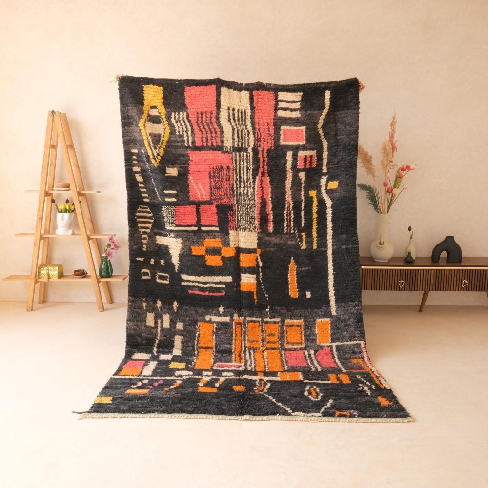 Moroccan Abstract Black Wool Rug 9.4 x 5.9 ft / 287 x 180 cm - Surcoma