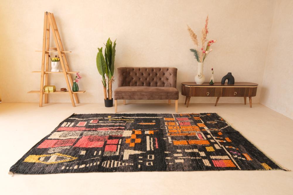 Moroccan Abstract Black Wool Rug 9.4 x 5.9 ft / 287 x 180 cm - Surcoma