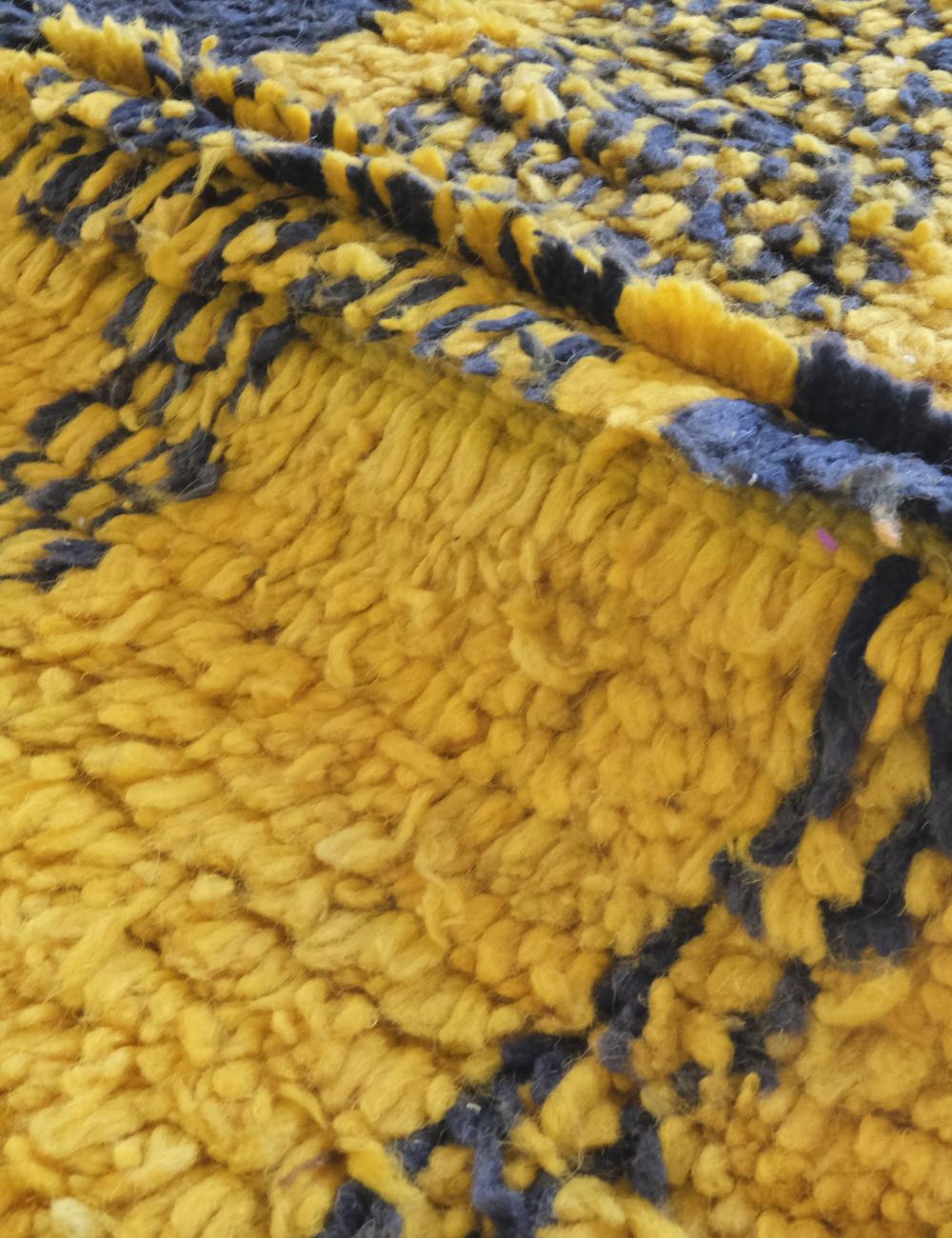 Handwoven Yellow Wool Carpet with Black Motifs 9.7 x 6.5 ft / 297 x 200 cm