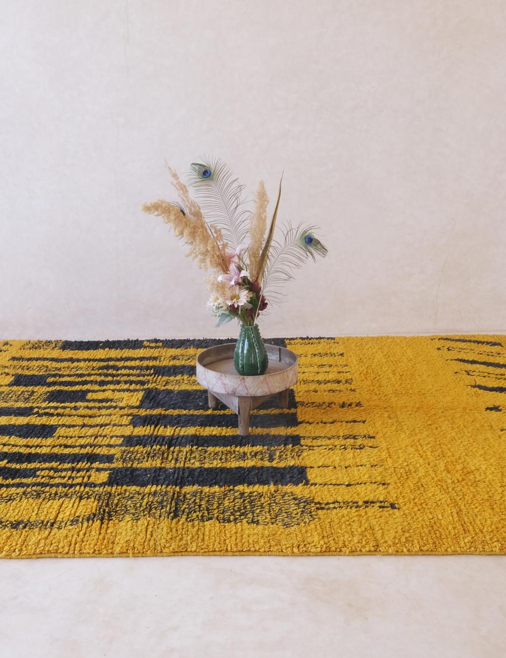 Handwoven Yellow Wool Carpet with Black Motifs 9.7 x 6.5 ft / 297 x 200 cm