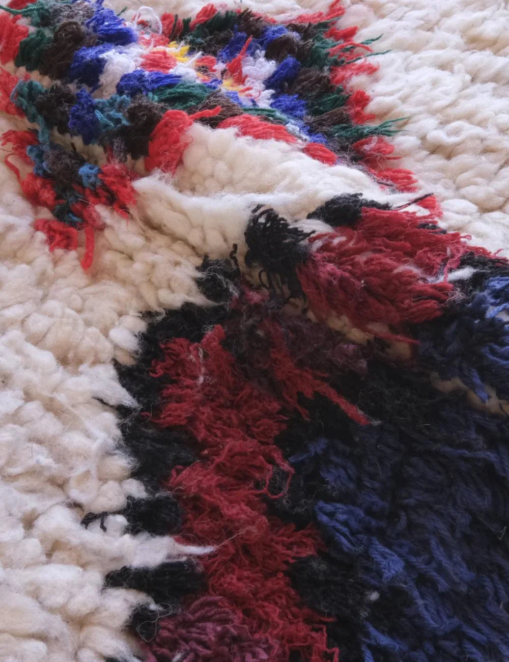 Close-up of a textured rug with multicolor yarn