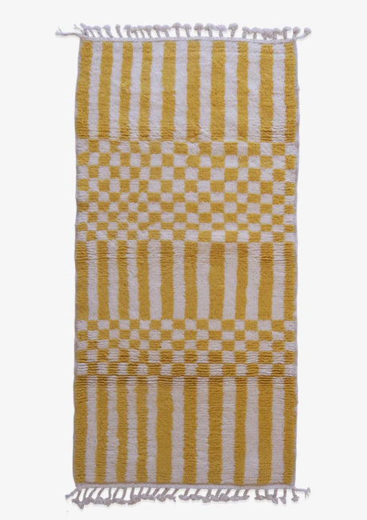 Moroccan Handknotted Yellow Striped Rug 6.8 x 3.3 ft / 206 x 101 cm - Surcoma