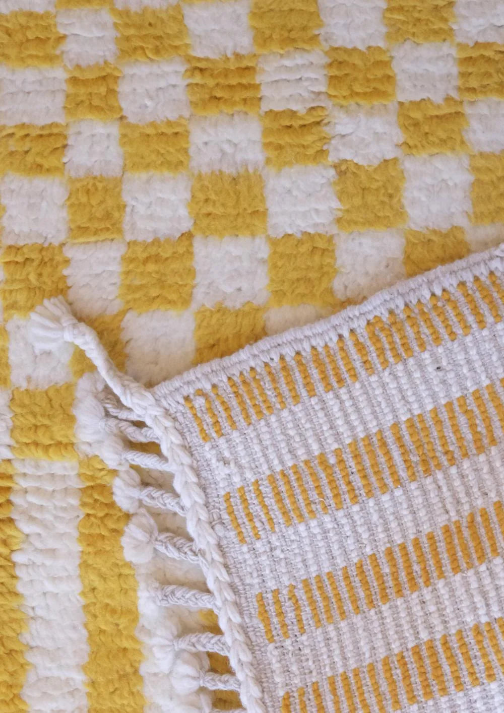 Moroccan Handknotted Yellow Striped Rug 6.8 x 3.3 ft / 206 x 101 cm - Surcoma