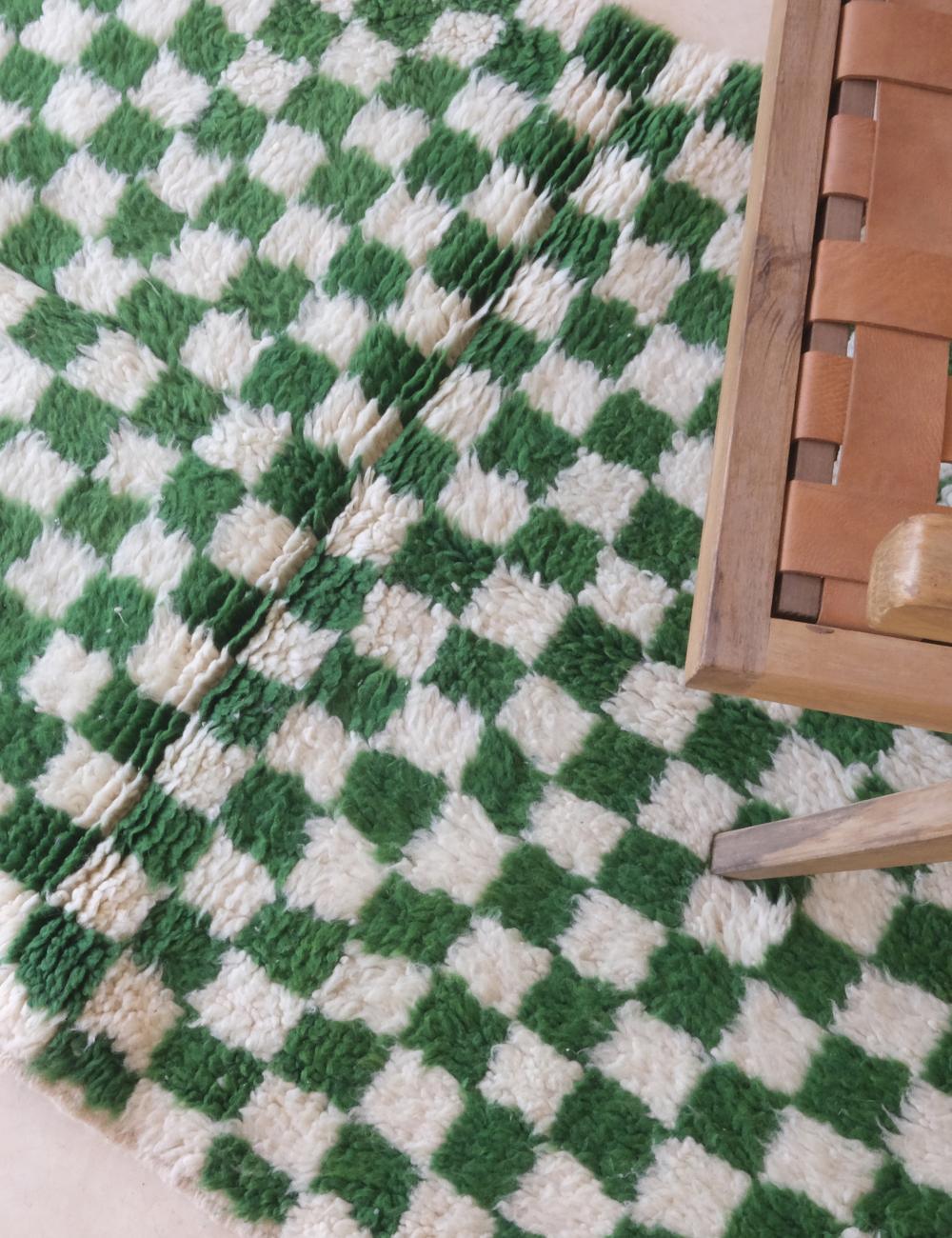 Small Green Checkered Wool Rug 5.1 x 3.5 ft / 156 x 107 cm - Surcoma