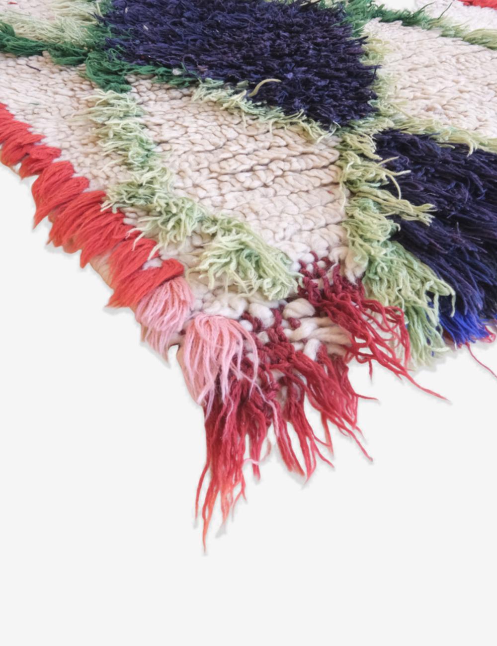 Multicolored woven rug with fringe on a white background