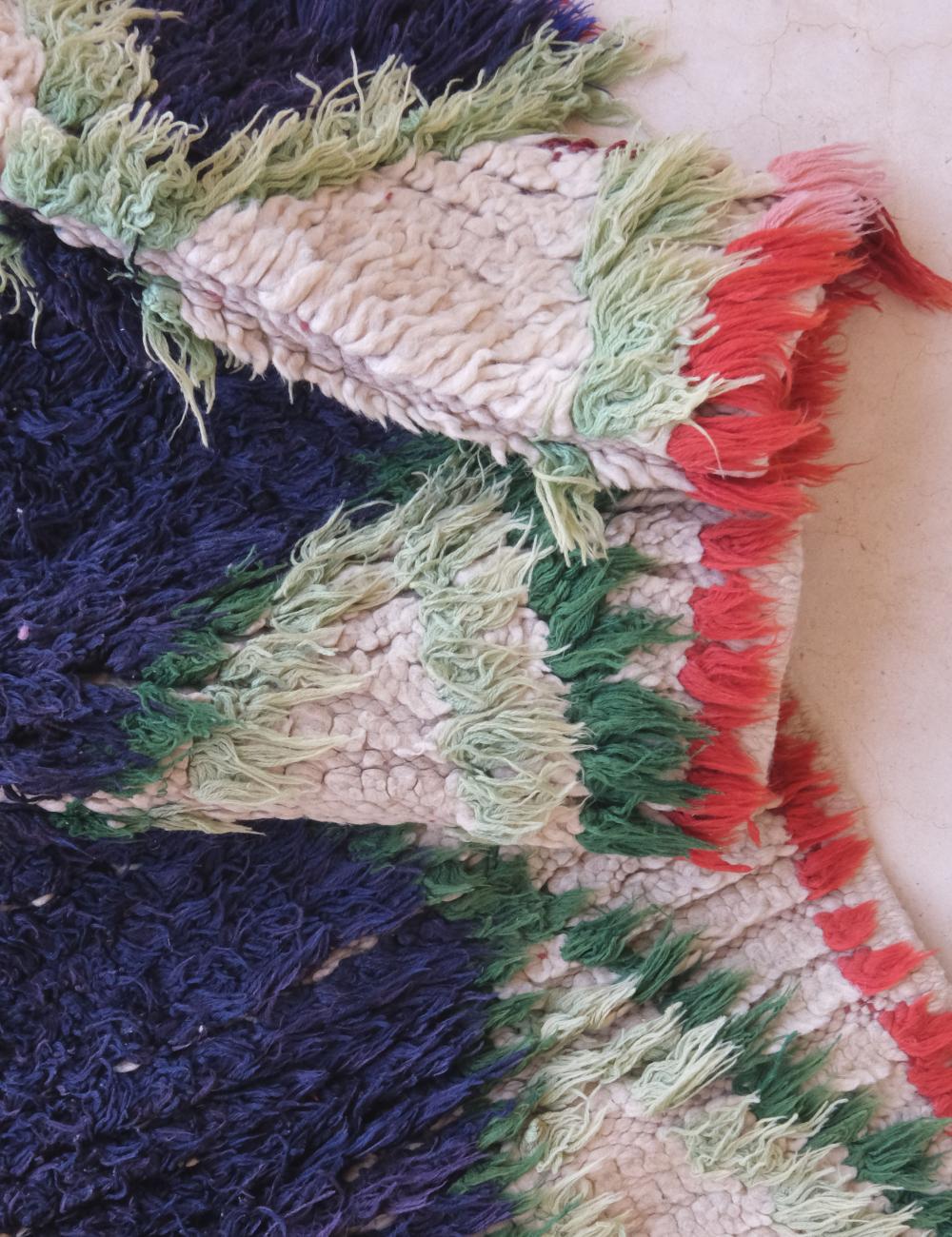 Close-up of a textured fabric with multicolor fringes