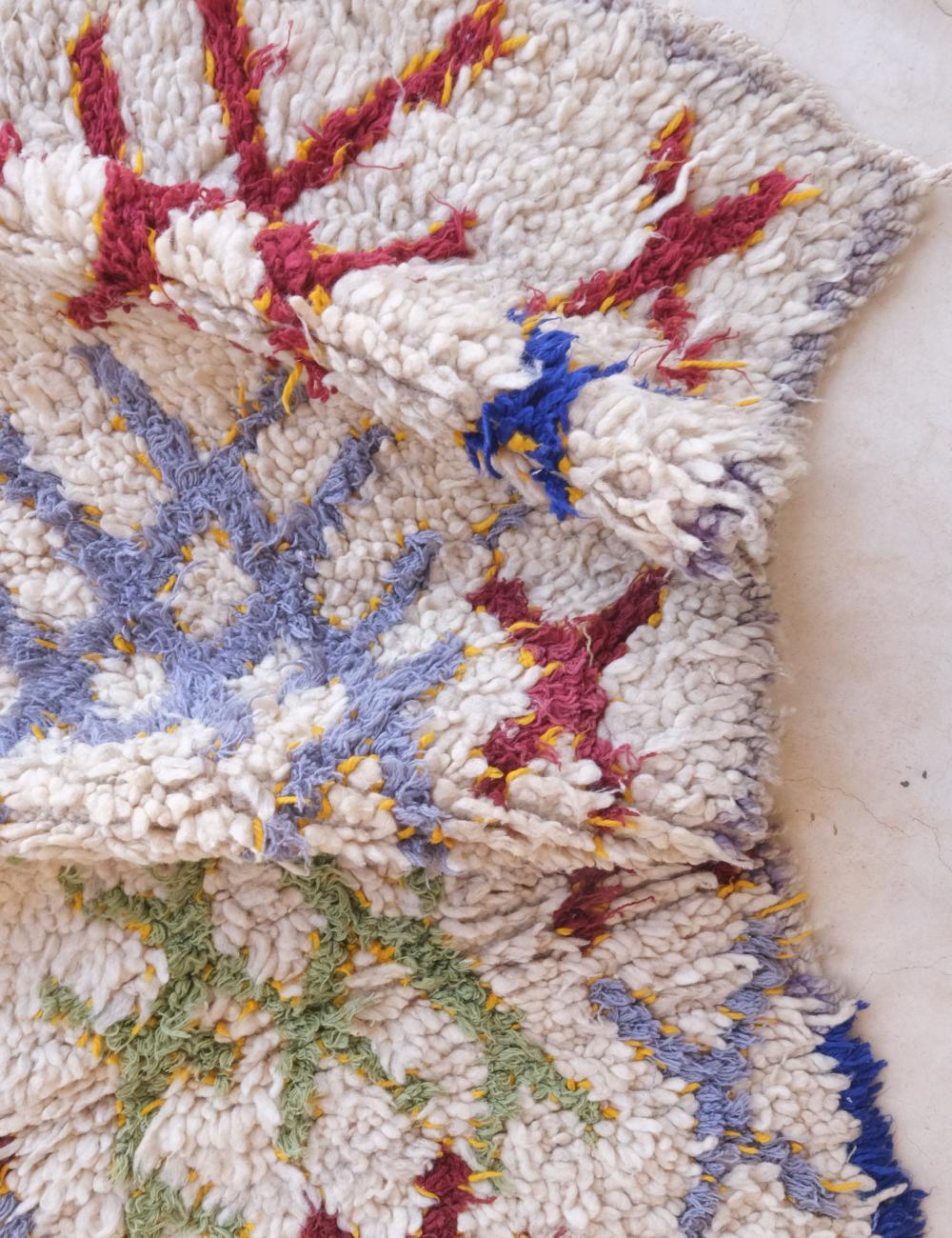 Close-up of a textured rug with colorful patterns