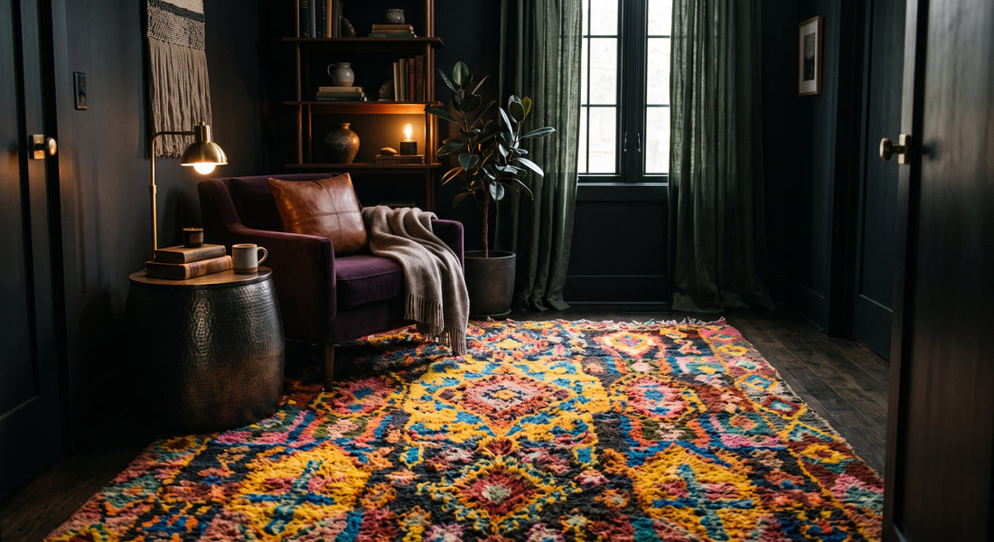 Dark and Moody Interiors: Styling Colorful Moroccan Rugs for Contrast