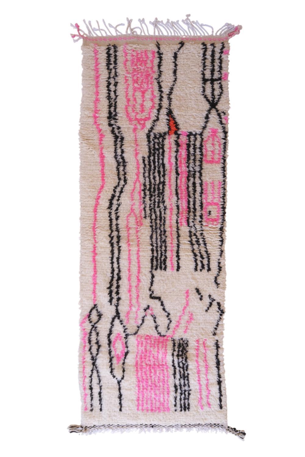 Moroccan Azilal Pink and Black Runner 7 x 2.49 ft / 214 x 76 cm