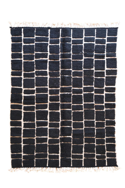 Moroccan Black Checkered Wool Rug 9.5 x 6.5 ft / 289 x 200 cm - Surcoma