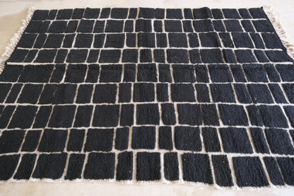 Moroccan Black Checkered Wool Rug 9.5 x 6.5 ft / 289 x 200 cm - Surcoma