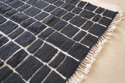 Moroccan Black Checkered Wool Rug 9.5 x 6.5 ft / 289 x 200 cm - Surcoma