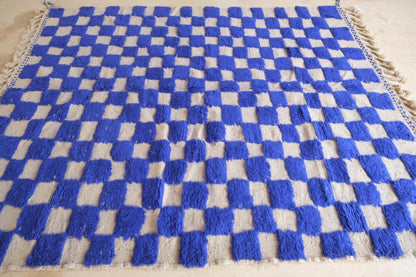Moroccan Blue Checkered Wool Rug 9.5 x 7.3 ft / 289 x 225 cm - Surcoma